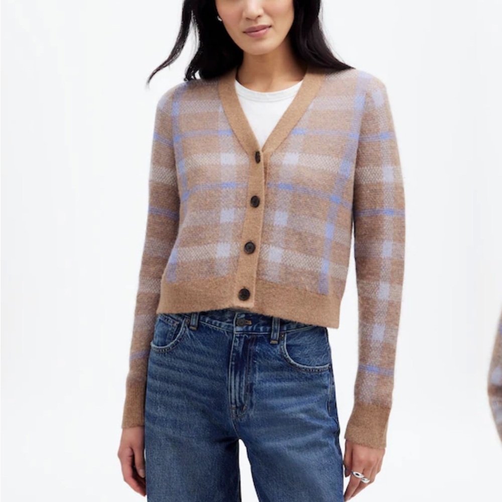 Madewell Alpaca-Blend V-Neck Cardigan in Plaid (Warm Camel/Blue) NWT